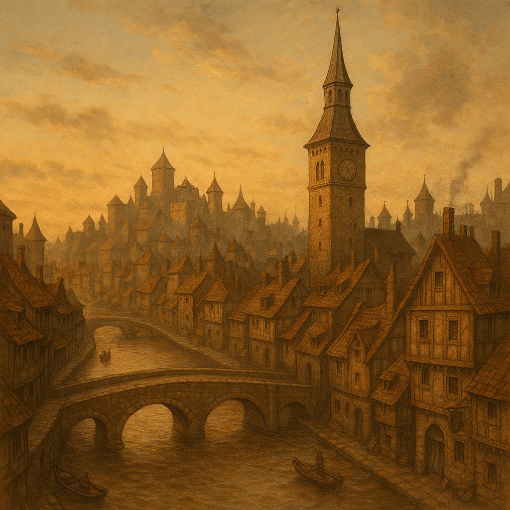 Stadtansicht von Ankh-Morpork bei Sonnenuntergang mit dem Ankh-Fluss im Vordergrund und einem mittelalterlichen Uhrturm im Stil Tallinns.